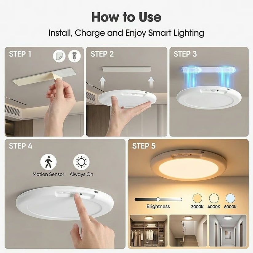 💡 Rechargeable Motion Sensor Ceiling Light with Remote