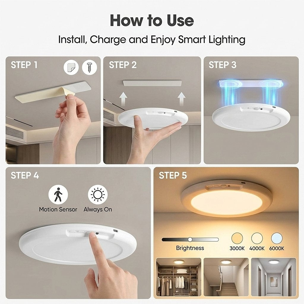 💡 Rechargeable Motion Sensor Ceiling Light with Remote